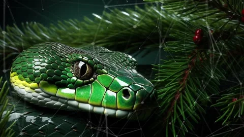 Green tree snake on a green background with Christmas tree branches. Stock Footage 273656213