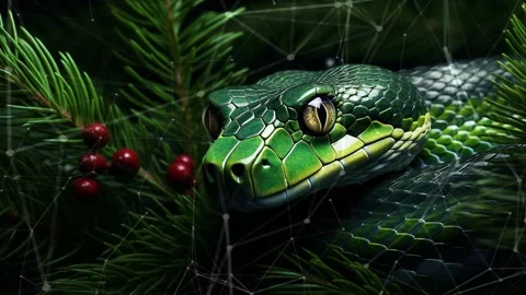 Green tree snake on a green background with Christmas tree branches. Stock Footage 273656331