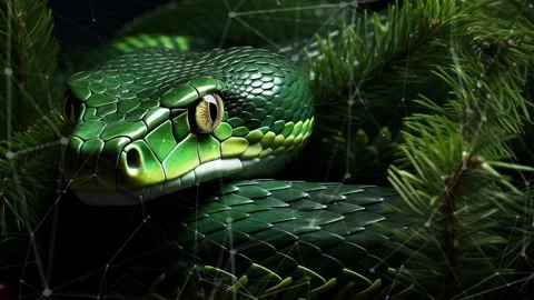 Green tree snake on a green background with Christmas tree branches. Stock Footage 273656332
