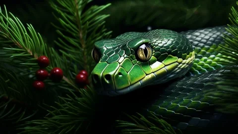 Green tree snake on a green background with Christmas tree branches. Stock Footage 273656333