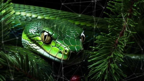 Green tree snake on a green background with Christmas tree branches. Stock Footage 273656341
