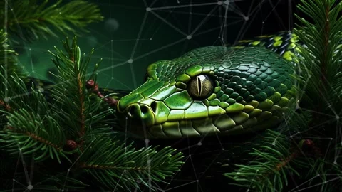 Green tree snake on a green background with Christmas tree branches. Stock Footage 273656529