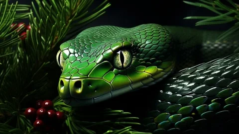 Green tree snake on a green background with Christmas tree branches. Stock Footage 273656542