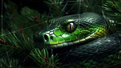 Green tree snake on a green background with Christmas tree branches. Stock Footage 273656562