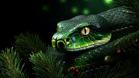 Green tree snake on a green background with Christmas tree branches. Stock Footage 273656735