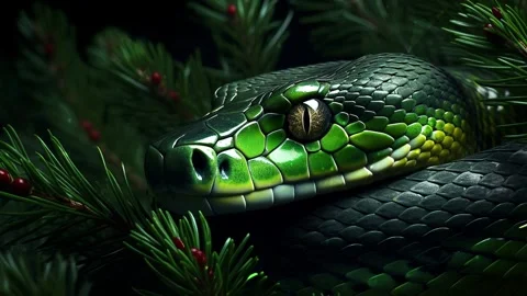 Green tree snake on a green background with Christmas tree branches. Stock Footage 273656746