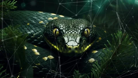 Green tree snake on a green background with Christmas tree branches. Stock Footage 273656748