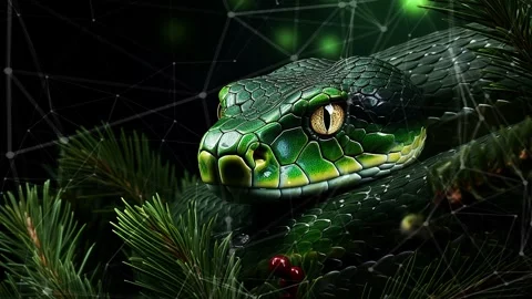 Green tree snake on a green background with Christmas tree branches. Stock Footage 273656750