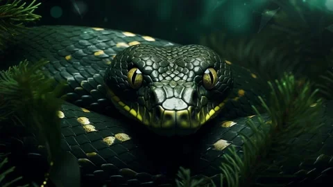 Green tree snake on a green background with Christmas tree branches. Stock Footage 273656766