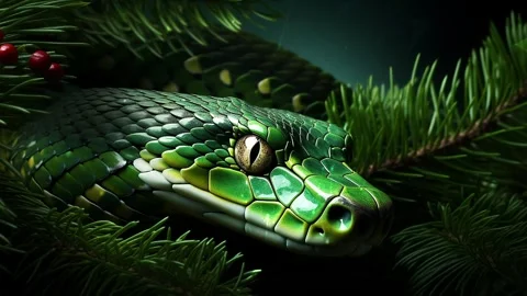Green tree snake on a green background with Christmas tree branches. Stock Footage 273656884
