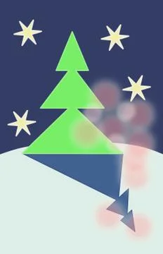 Green tree on snowy drift in night with blurred bokeh Stock Illustration
