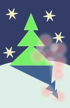 Green tree on snowy drift in night with blurred bokeh Illustrazione stock