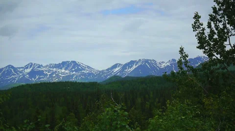Green Trees, Distant Mountains, Cloudy Sky Stock Footage 37381429
