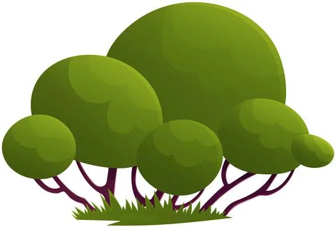 Green trees flat vector forest. Beautiful green leaves, bushes, grass on glade Illustrazione stock