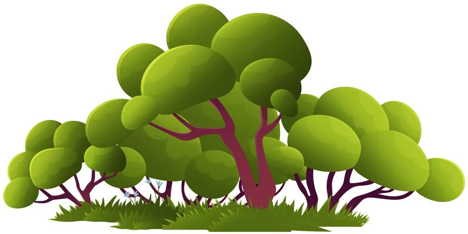 Green trees flat vector forest. Beautiful green leaves, bushes, grass on glade Illustrazione stock