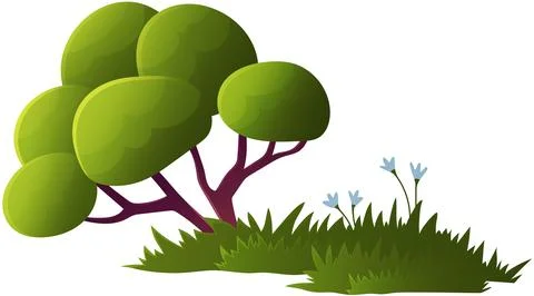 Green trees flat vector forest. Beautiful green leaves, bushes, grass on glade Stock Illustration