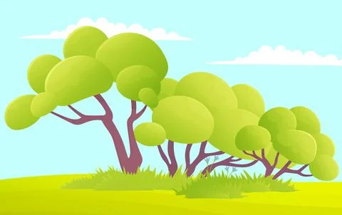 Green trees flat vector forest. Beautiful green leaves, bushes, grass on glade Illustrazione stock