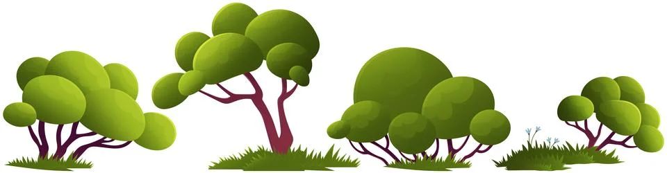 Green trees flat vector forest. Beautiful green leaves, bushes, grass on glade Illustrazione stock