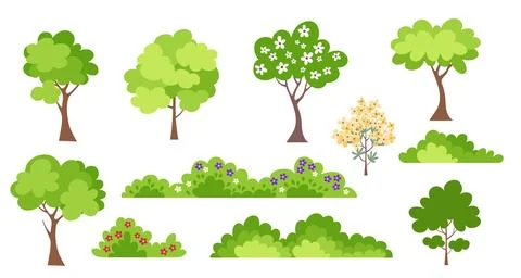 Green trees flat vector illustration. Spring time trees. Illustrazione stock