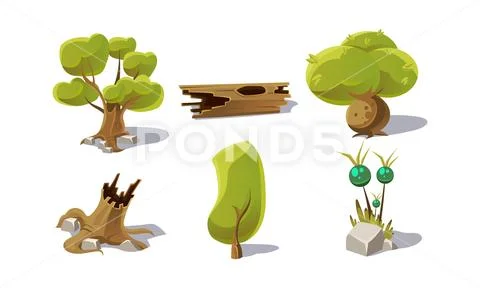 Green trees, stumps, fantastic plant, user interface assets for mobile apps or Stock Illustration