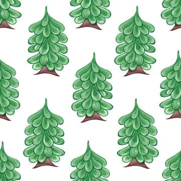 Green trees on a white background. Seamless patterns. Hand drawing. Spruce, C Stock Illustration