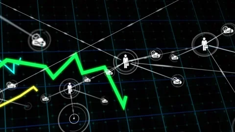 Green trend line entering left initiating node network growth, briefcase icons Stock Footage 330355885