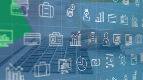 Green triangle appearing, hand entering, typing on laptop keys, overlay Stock Footage 335732050
