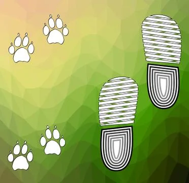 Green triangle background with union theme of man and dog. Traces of man and  Stock Illustration