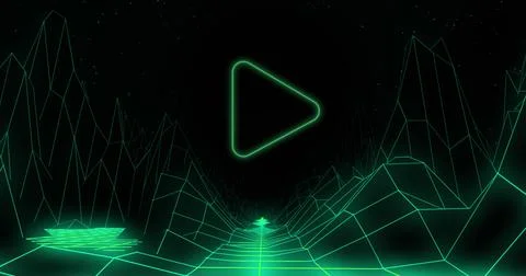 Green triangle outline play button on black background with green grid moving Stock Photos