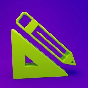 Green Triangular ruler and pencil icon isolated on purple-blue background. .. Illustrazione stock