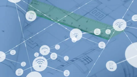 Green triangular ruler sliding diagonally across 3D blueprint, linking circles Stock Footage 309284432