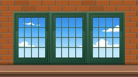 Green Triple Window Frame on Red Brick Wall with Blue Sky Stock Illustration