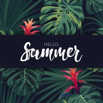 Green tropical design with palm leaves and exotic flowers. Vector floral Stock Illustration
