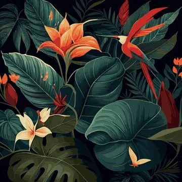 Green tropical forest background monstera leaves, palm leaves, branches. Exot Stockillustratie