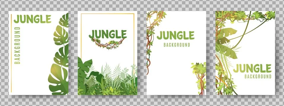 Green tropical frames template. Jungle plants vector cards Illustrazione stock