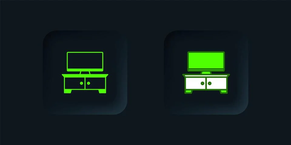 Green TV table stand icon isolated on black background. Black square button.. Stock Illustration