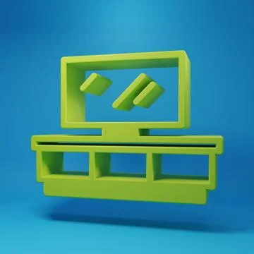 Green TV table stand icon isolated on blue background. Minimalism concept. .. Stock Illustration