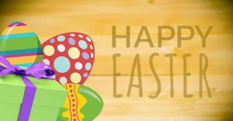 Green type and green gift and red green eggs against green background Stock Illustration