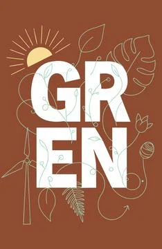 Green typography with leafy vines and ecofriendly symbols on brown Stock Illustration