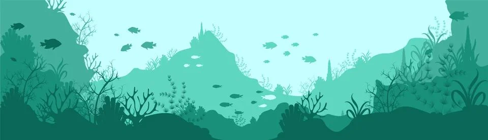 Green underwater world silhouette background. Deep seaweed corals growing on Stock Illustration
