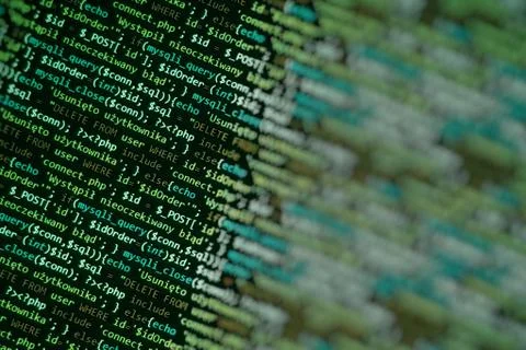 Green unique background. Programming language on laptop computer screen. Prog Stockfoto's