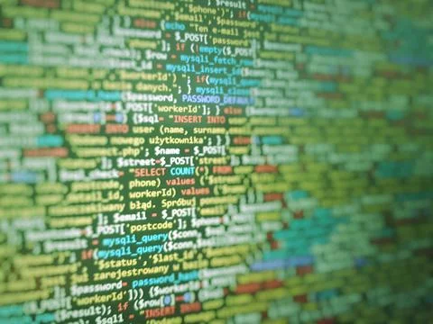 Green unique background. Programming PHP on laptop computer screen. Program c Stock Photos