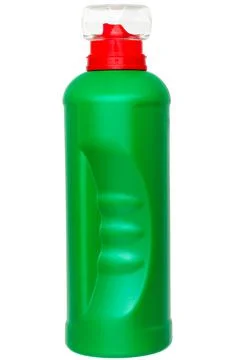 Green unlabel plastic bottle for detergent with a transparent cap. Stock Photos