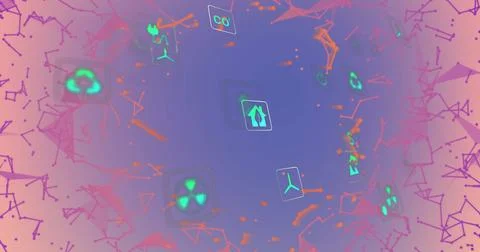 Green upward arrow hovering in digital space, with recycle cloud and network of Stock Photos