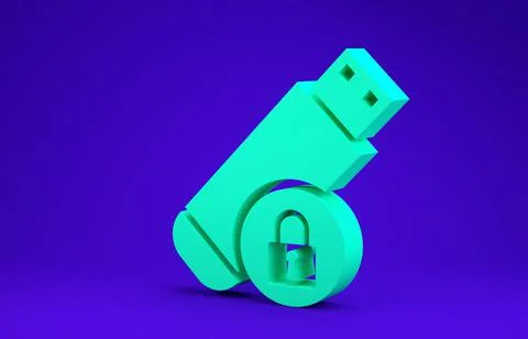 Green USB flash drive with closed padlock icon isolated on blue background. S 库存插图