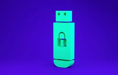 Green USB flash drive with closed padlock icon isolated on blue background. S 스톡 일러스트