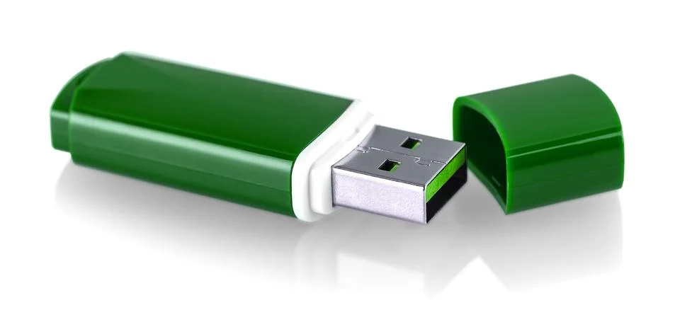 Green usb flash drive, flash card isolated on white background Stockfoto's