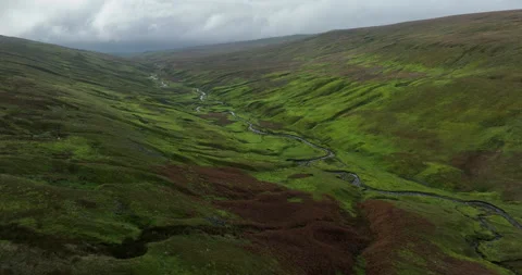 Green valley and a river on a cloudy day Stock Footage 272954313