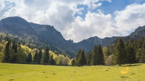 Green valley between mountains with cottage in the spring Stock Footage 37809473