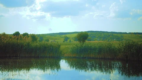 Green valley beyond a river Stock Footage 109122897